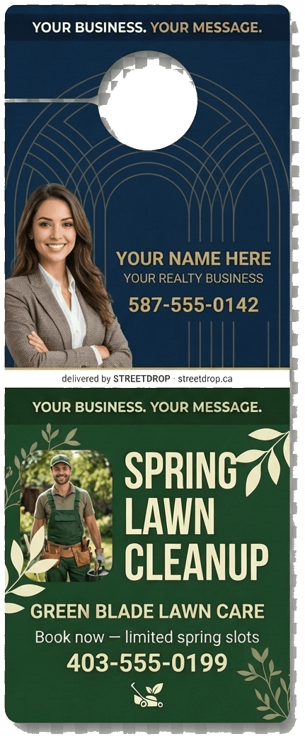 StreetDrop door hanger back: realtor and lawn care half-page ad examples