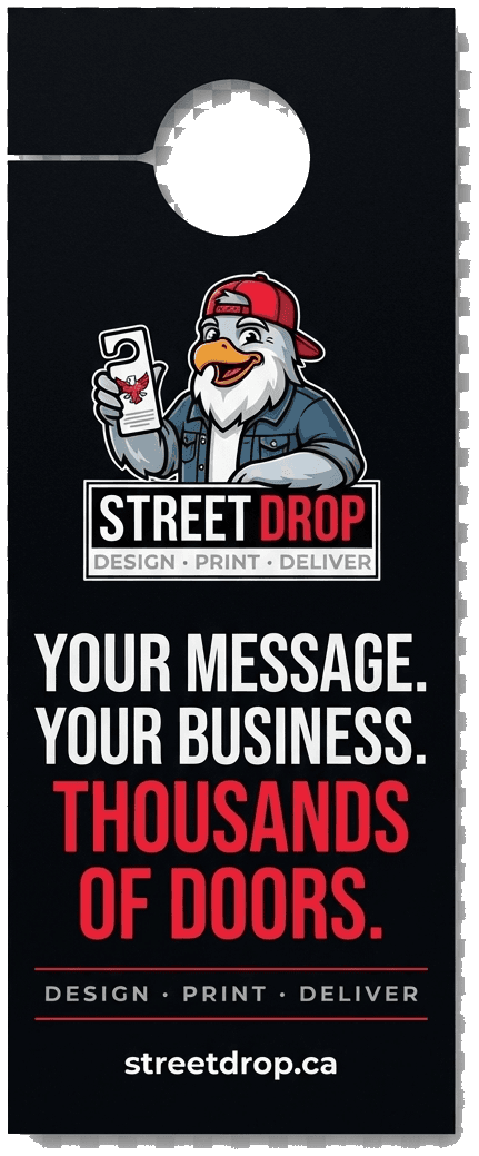 StreetDrop door hanger front: your message, your business, thousands of doors
